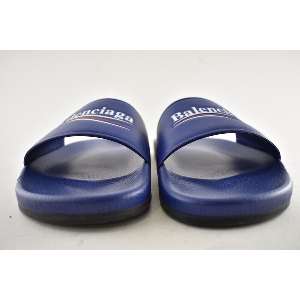 Balenciaga Blue Leather Campaign Logo Slide Pool Sandal Flip Flop Flat 44 11 - Picture 9 of 15